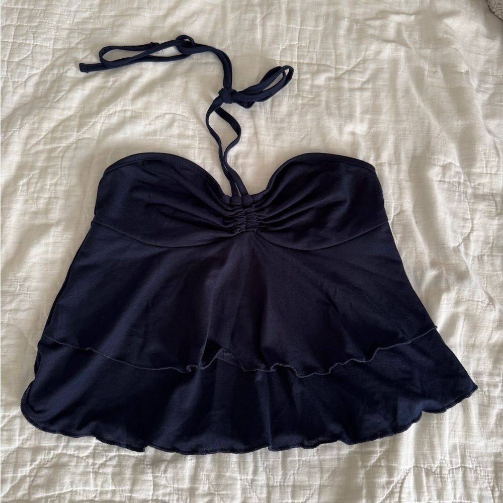 NWT SHEIN VCAY Drawstring Ruched Bust Tie Backless Halter Navy Blue 4(S)